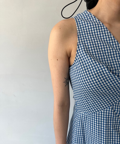 ワンピース ギンガムチェック サイドリボン ノースリーブワンピース