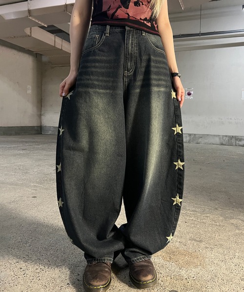 ワイドパンツ ジーンズ デニム デニムパンツ サイドスターカーブデニム