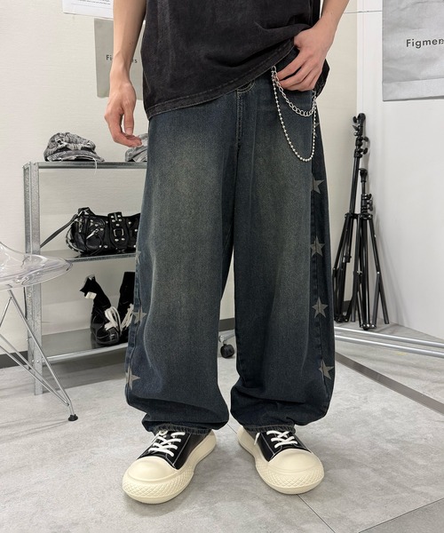 ワイドパンツ ジーンズ デニム デニムパンツ サイドスターカーブデニム