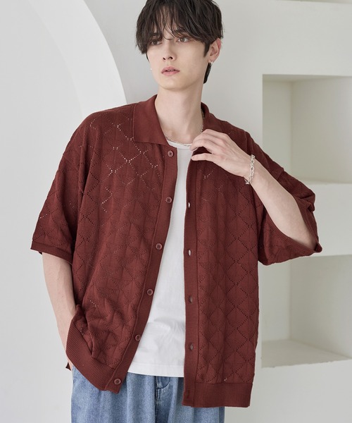 シャツ 透かし編みサマーニットシャツカーディガン メンズ レディース