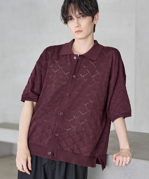 YANYAN ニットシャツ　チャイナボタン　透かし編み She's Closet ニット セーター 透かし編み長袖ポロシャツ