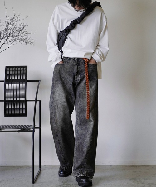 「WYM LIDNM」 加工デニムパンツ L ブラウン メンズ