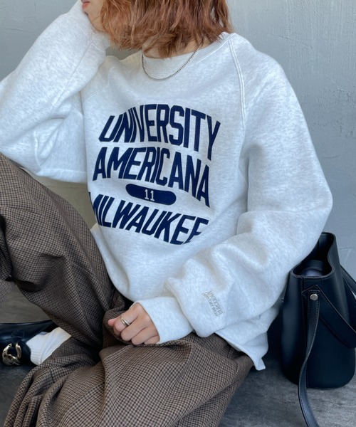 Americana / アメリカーナ | カレッジロゴ フーデッド トレーナー | M | ブルー/ホワイト | レディース AMERICANA（アメリカーナ） トレーナー スウェット ボリュームスリーブ