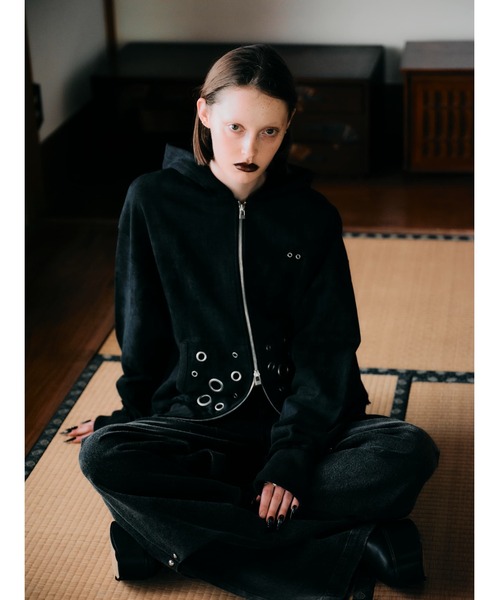 黒の目デザインジップアップパーカー パーカー 「TAJEN:T」EYELET DESIGN ZIP UP HOODIE/アイレットデザイン