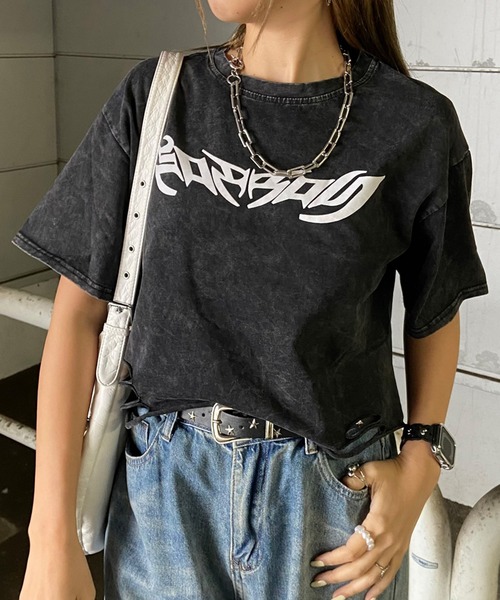 non-hedge（ノンヘッジ） tシャツ ダメージ加工ショート丈Tシャツ