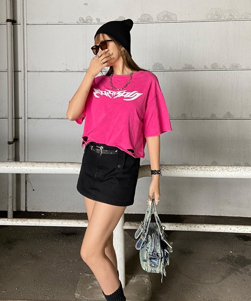 non-hedge（ノンヘッジ） tシャツ 半袖 ダメージ加工ショート丈Tシャツ