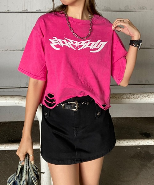 non-hedge（ノンヘッジ） tシャツ 半袖 ダメージ加工ショート丈Tシャツ