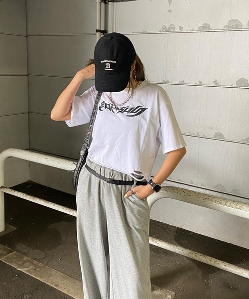 non-hedge（ノンヘッジ） tシャツ 半袖 ダメージ加工ショート丈Tシャツ