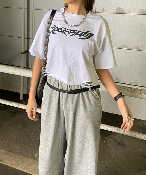 non-hedge（ノンヘッジ） tシャツ 半袖 ダメージ加工ショート丈Tシャツ