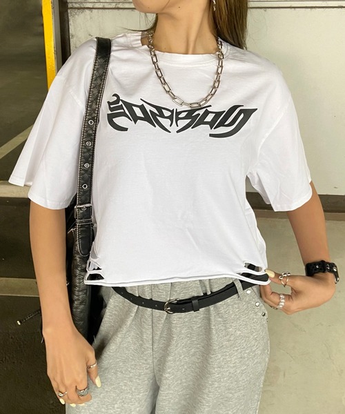 non-hedge（ノンヘッジ） tシャツ 半袖 ダメージ加工ショート丈Tシャツ