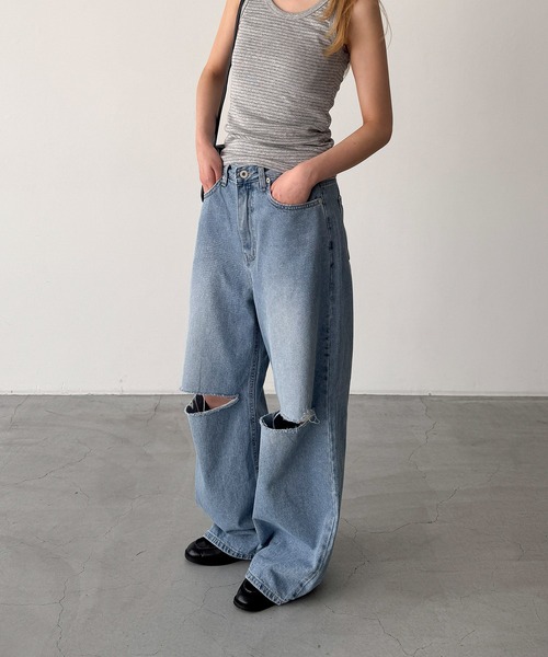 ワイドパンツ ジーンズ デニム デニムパンツ El mar　ダメージデニムパンツ 609 レディースの画像