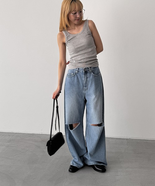 ワイドパンツ ジーンズ デニム デニムパンツ El mar　ダメージデニムパンツ 609 レディースの画像
