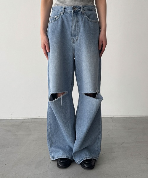 ワイドパンツ ジーンズ デニム デニムパンツ El mar　ダメージデニムパンツ 609 レディースの画像