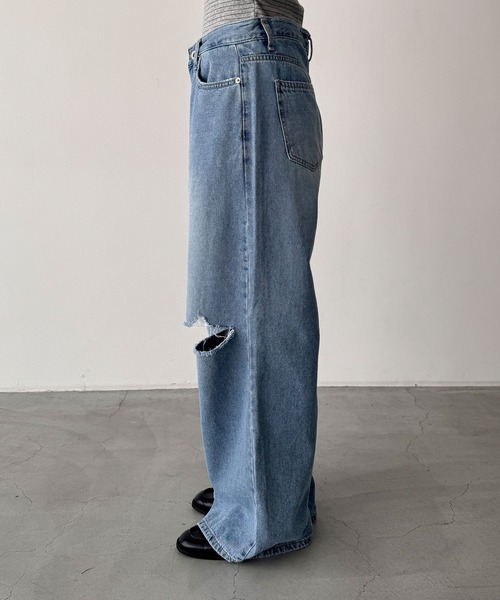 ワイドパンツ ジーンズ デニム デニムパンツ El mar　ダメージデニムパンツ 609 レディースの画像