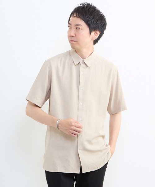 MEN'S MELROSE シャツ リネン混ダブルガーゼ 半袖バンドカラーシャツ