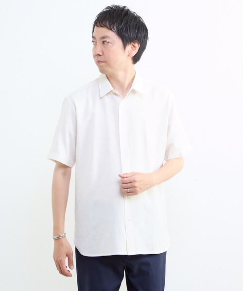 MEN'S MELROSE シャツ リネン混ダブルガーゼ 半袖バンドカラーシャツ