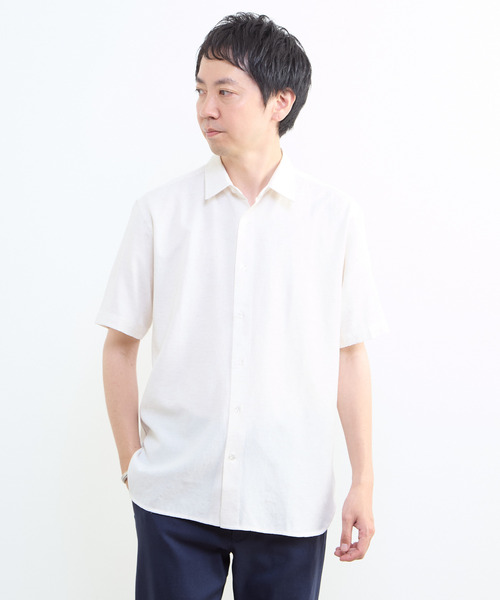 MEN'S MELROSE シャツ リネン混ダブルガーゼ 半袖バンドカラーシャツ