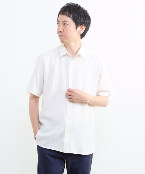 MEN'S MELROSE シャツ リネン混ダブルガーゼ 半袖バンドカラーシャツ