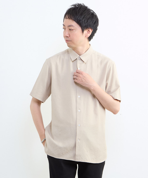 MEN'S MELROSE シャツ リネン混ダブルガーゼ 半袖バンドカラーシャツ