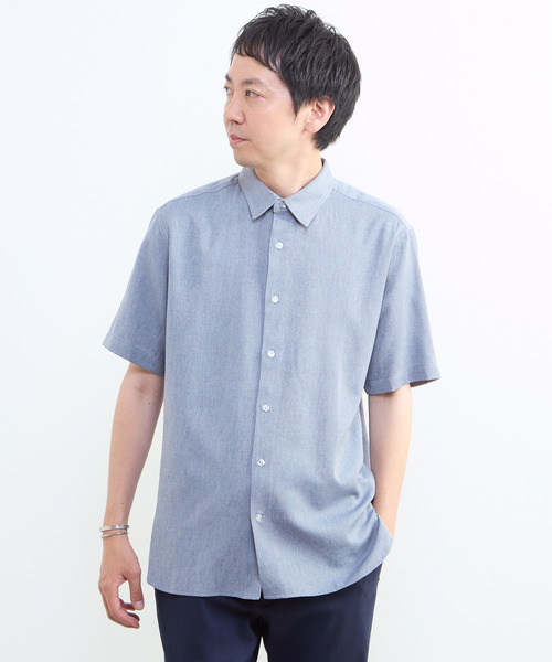 MEN'S MELROSE シャツ リネン混ダブルガーゼ 半袖バンドカラーシャツ