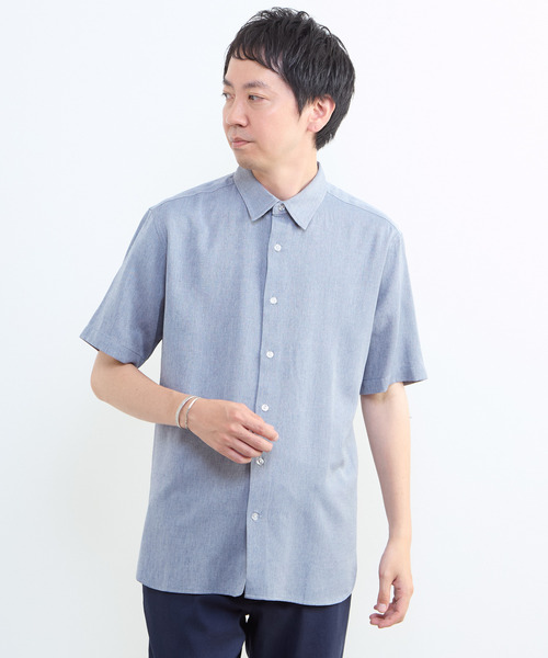 MEN'S MELROSE シャツ リネン混ダブルガーゼ 半袖バンドカラーシャツ