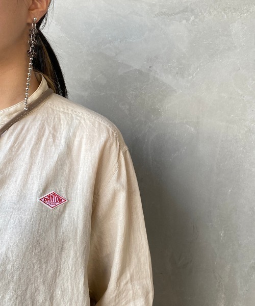 『DANTON』 バンドカラーシャツ　刺繍ロゴ　上品　リネン混合　ブラウン　L DANTON』 バンドカラーシャツ 刺繍ロゴ 上品 リネン混合 ブラウン L