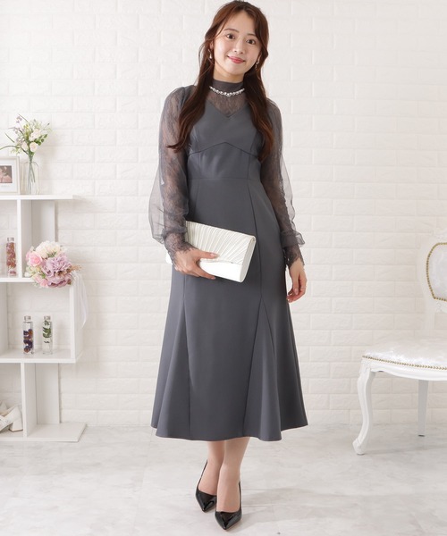 グレー Vネック 長袖　ワンピース Lace Ladies（レースレディース） ドレス シアードッキングVネック長袖