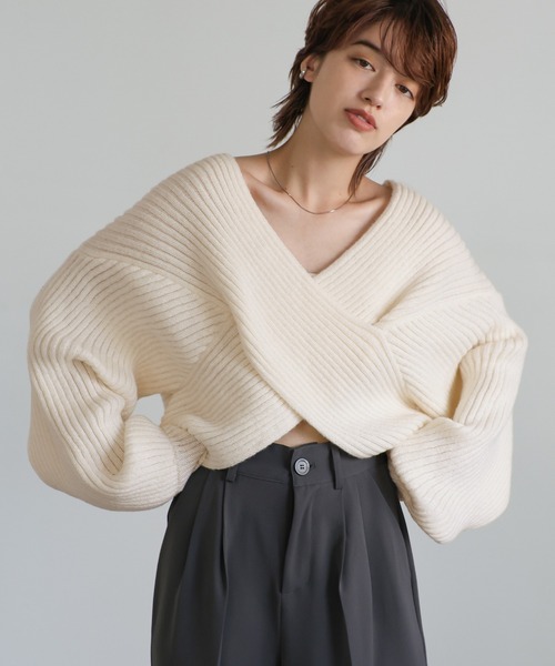 ニット セーター 2WAYクロスデザインショートニット レディース select MOCA ニット セーター 2WAYクロスデザインショートニット