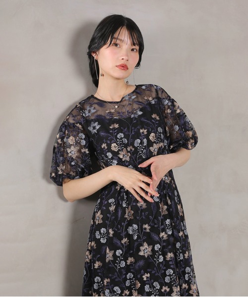 パフスリーブ フラワー刺繍 パーティー ドレス 結婚式 お呼ばれ オケージョン フラワー刺繍 パーティー ドレス 結婚式 お呼ばれ オケージョン