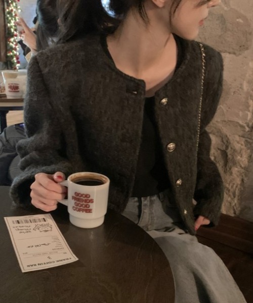 N.s ジャケット ノーカラージャケット フェイクウールノーカーラー