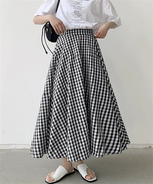 FREE STYLISTS ロング スカート ギンガムチェック柄フレアシルエット