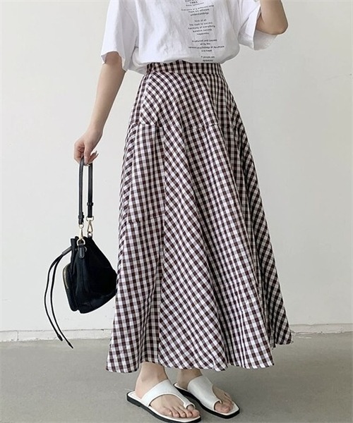 FREE STYLISTS スカート ギンガムチェック柄フレアシルエット