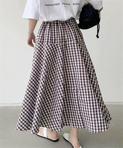 FREE STYLISTS ロング スカート ギンガムチェック柄フレアシルエット