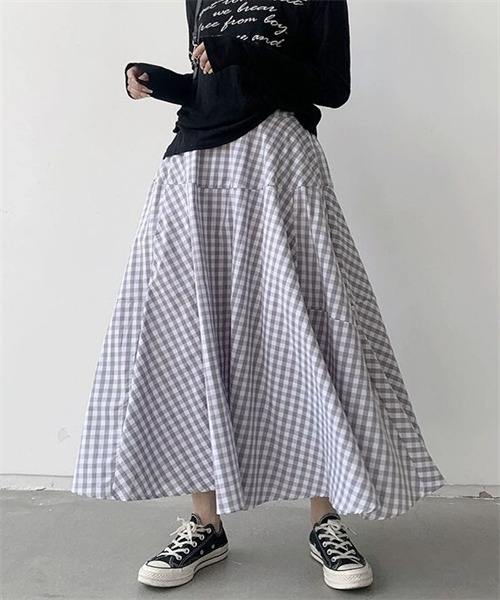 ギンガムチェック柄フレアマキシ丈ロングスカート赤ネイビー黒ブラックグリーン FREE STYLISTS スカート ギンガムチェック柄フレアシルエット