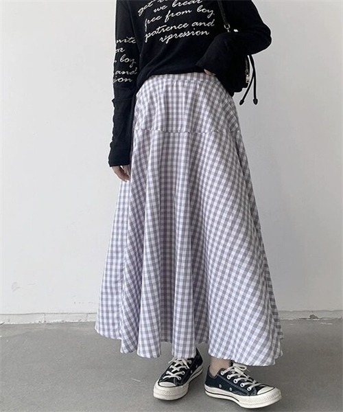 FREE STYLISTS ロング スカート ギンガムチェック柄フレアシルエット