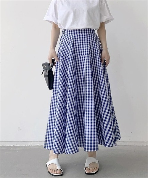 FREE STYLISTS スカート ギンガムチェック柄フレアシルエットロング丈