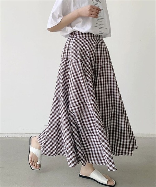 FREE STYLISTS ロング スカート ギンガムチェック柄フレアシルエット