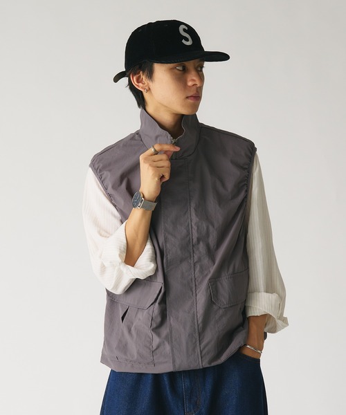 Adoon plain ベスト ジレ スタンドネックミリタリーナイロン