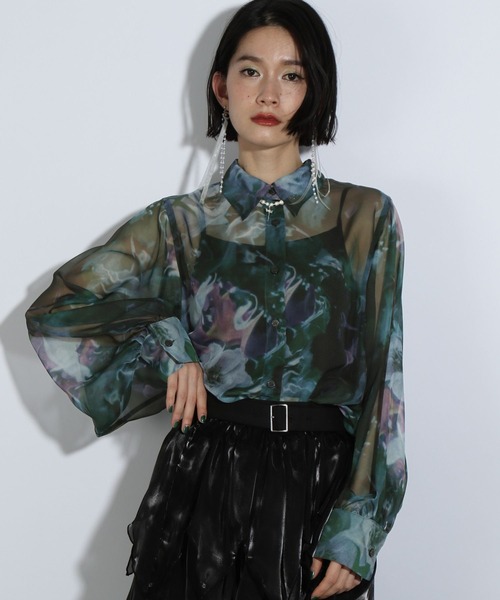 アート柄 シアーシャツ 花柄 総柄 緑 パステルカラー 一点物 ヴィンテージ アート柄 シアーシャツ 花柄 総柄 緑 パステルカラー 一点物