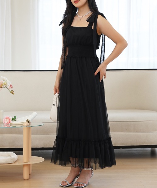 Lace Ladies ワンピース 肩リボン チュール ウエスト