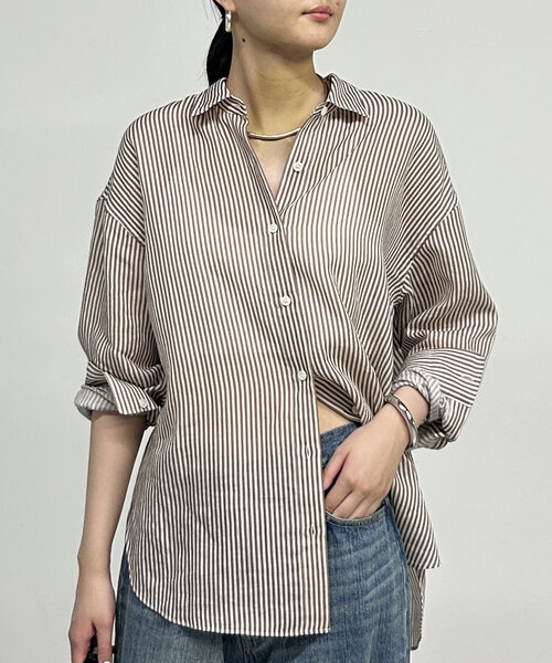 Loungedress ブラウス シャツ リネンストライプオーバーシャツ
