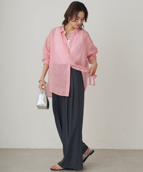 Loungedress ブラウス シャツ リネンストライプオーバーシャツ