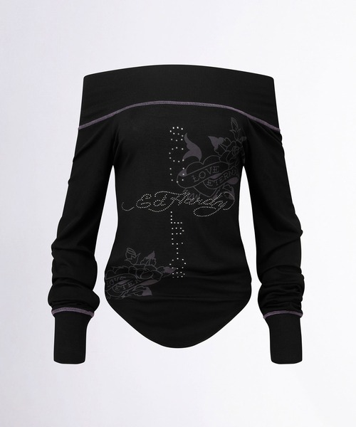 SCULPTOR Off-Shoulder Tee オフショルダー長袖Tシャツ SCULPTOR tシャツ 「Sculptor X Ed Hardy」 Raglan Off-Shoulder