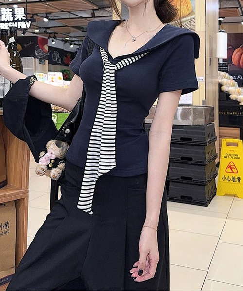 tシャツ セーラーカラーストライプボウタイトップス レディース