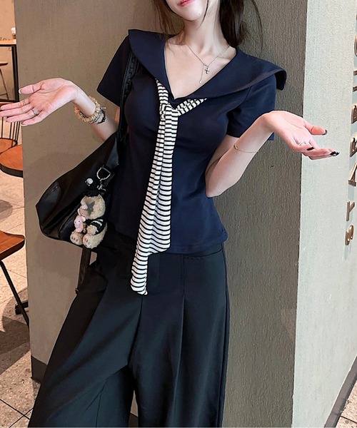 tシャツ セーラーカラーストライプボウタイトップス レディース tシャツ セーラーカラーストライプボウタイトップス レディース