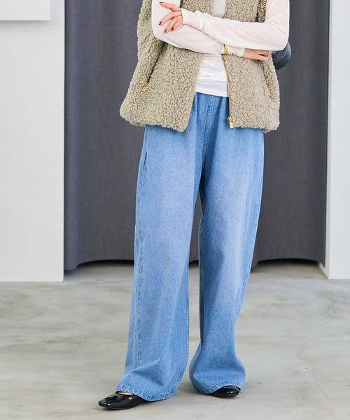 ワイドパンツ ジーンズ デニム デニムパンツ 「新色追加」「低身長サイズあり」ウォッシュ加工 イージーデニムパンツ レディースの画像