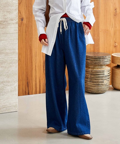 ワイドパンツ ジーンズ デニム デニムパンツ 「新色追加」「低身長サイズあり」ウォッシュ加工 イージーデニムパンツ レディースの画像