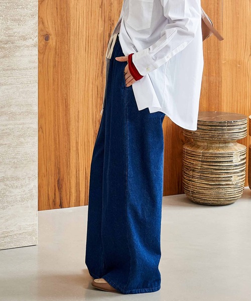 ワイドパンツ ジーンズ デニム デニムパンツ 「新色追加」「低身長サイズあり」ウォッシュ加工 イージーデニムパンツ レディースの画像
