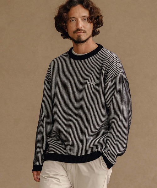 セーター ニット mn3146-ストライプ畦編みニットPO-サイセンタク プル