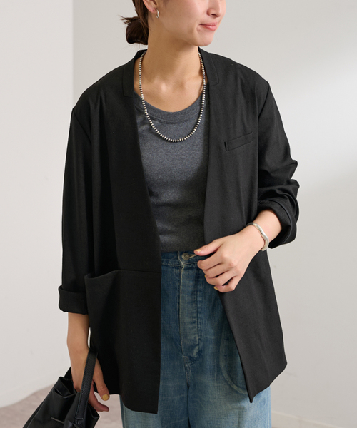 【美品】FRAMeWORK ノーカラージャケット リネン ベージュ 38 日本製 セットアップ可能】リネンライク カラーレスジャケット（ノーカラー